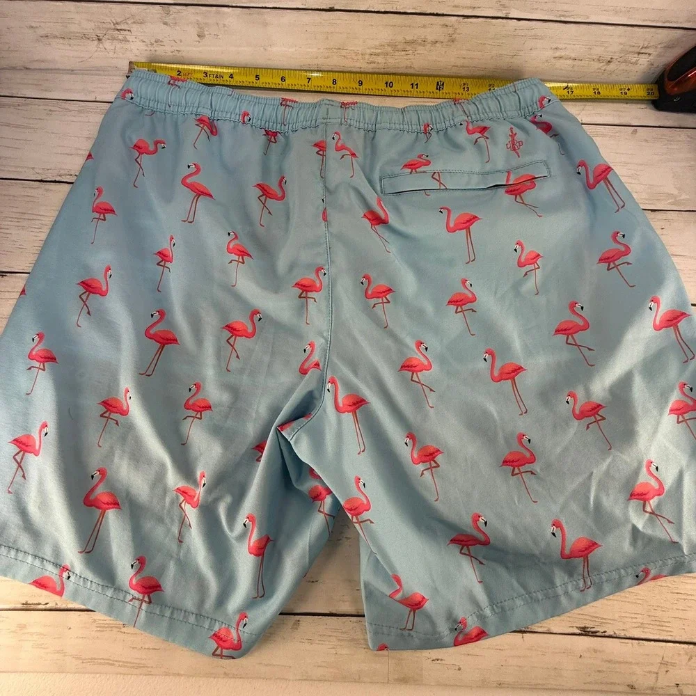 LRD Performance Mens Flamingo Print Swim Trunks‎ Light Blue Pink Size Large